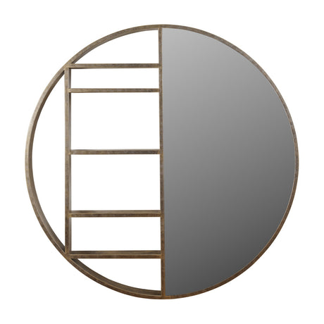 Libra Interiors Round Gold Shelving Wall Mirror with champagne gold iron frame, five open shelves on one side and mirrored glass half on the other.