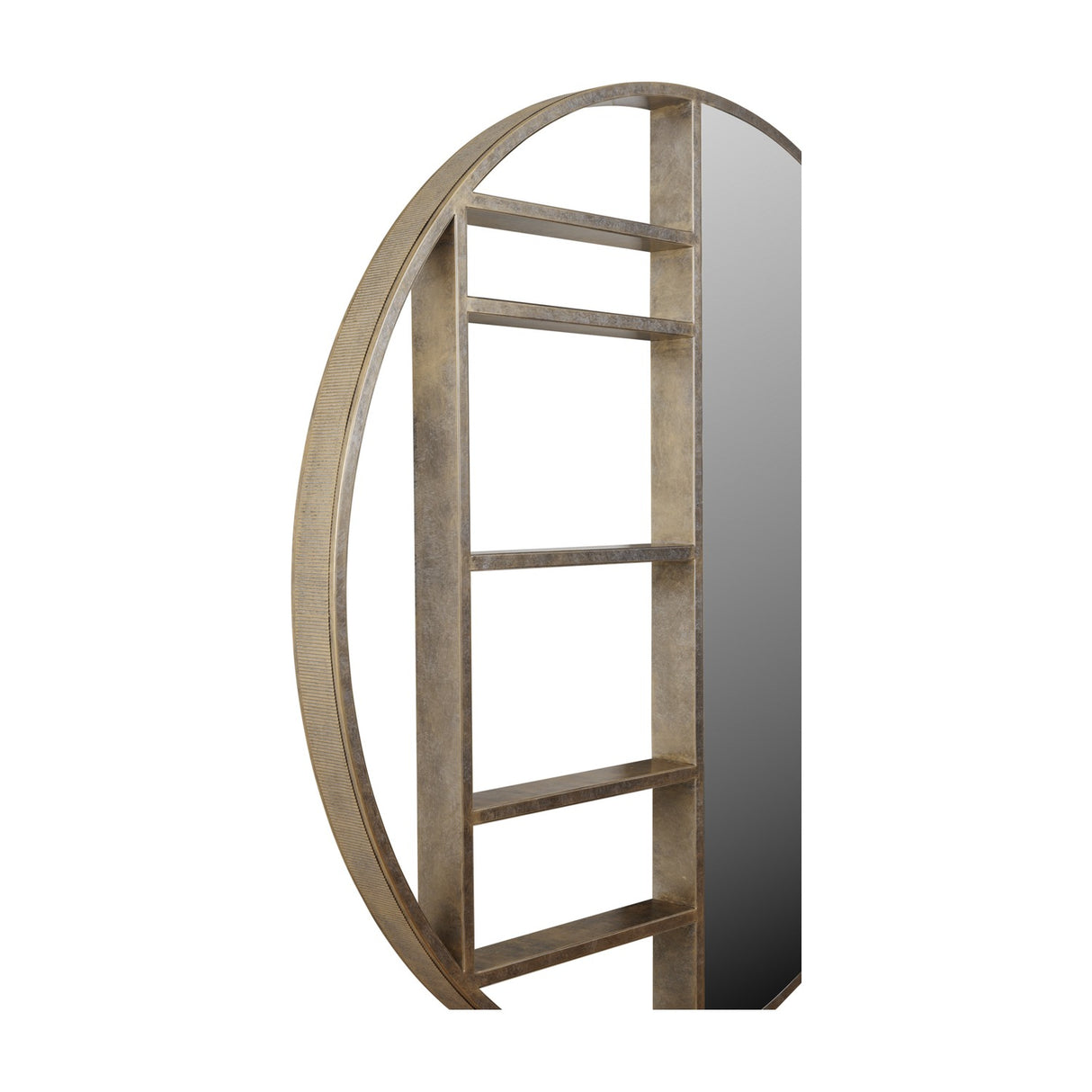 Libra Interiors Round Gold Shelving Wall Mirror shown in side profile, with champagne gold iron frame, five open shelves and mirrored half.