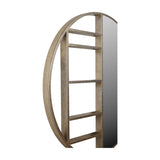 Libra Interiors Round Gold Shelving Wall Mirror shown in side profile, with champagne gold iron frame, five open shelves and mirrored half.