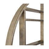 Close-up of Libra Interiors Round Gold Shelving Wall Mirror showing the champagne gold iron frame with corrugated ridged edging and open shelf compartments.