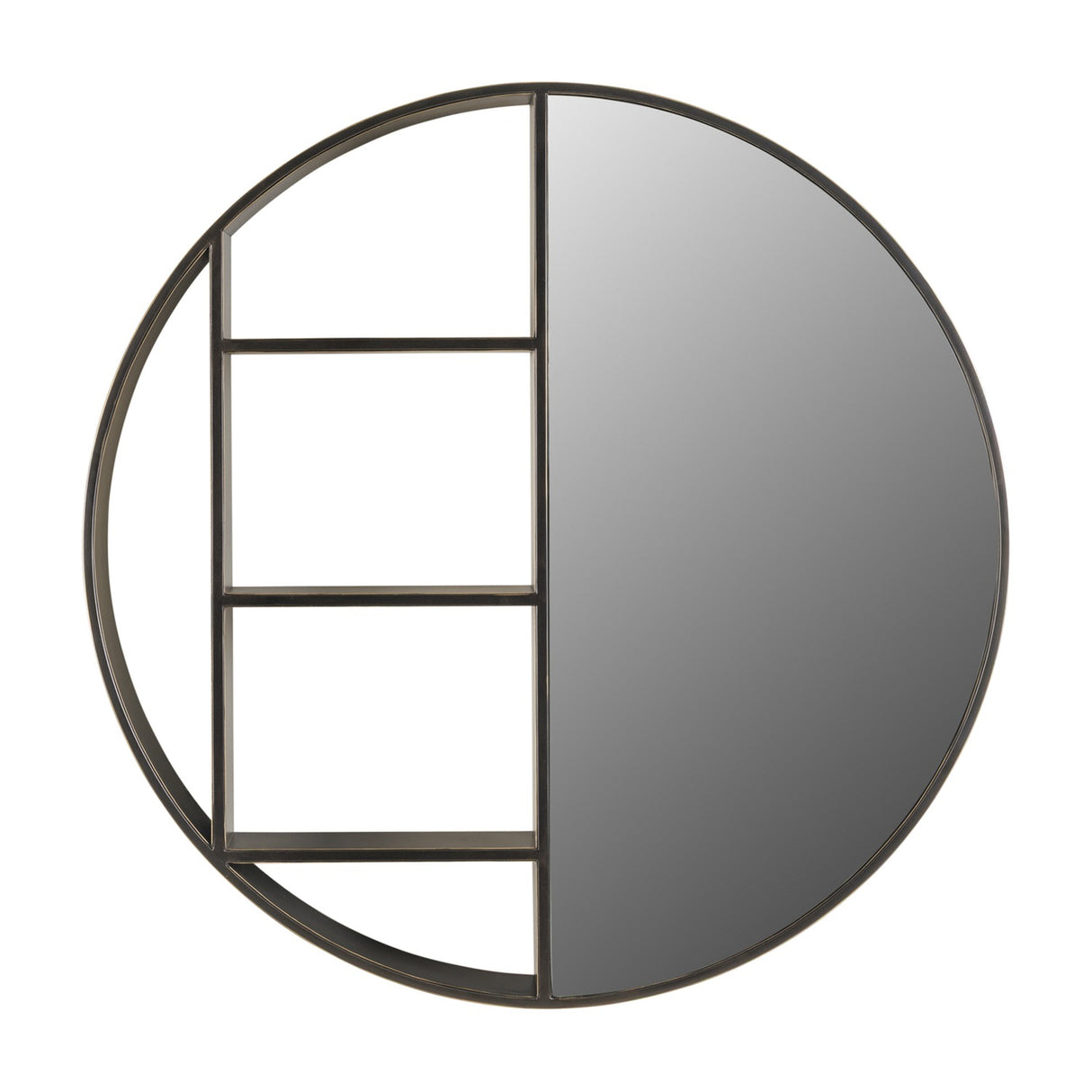 Libra Interiors Round Iron Shelved Wall Mirror in bronze, with a half mirrored panel and three open rectangular shelves within a circular frame.