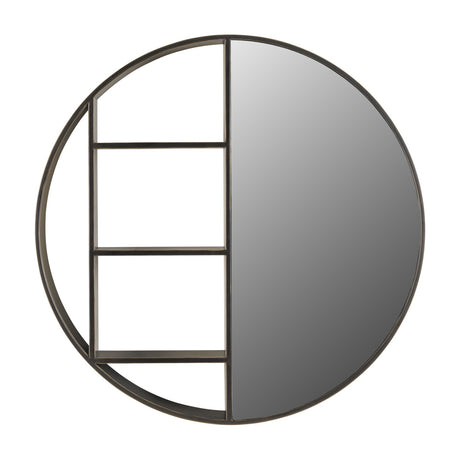 Libra Interiors Round Iron Shelved Wall Mirror in bronze, with a half mirrored panel and three open rectangular shelves within a circular frame.