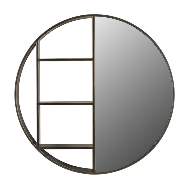 Libra Interiors Round Iron Shelved Wall Mirror in bronze, with a half mirrored panel and three open rectangular shelves within a circular frame.