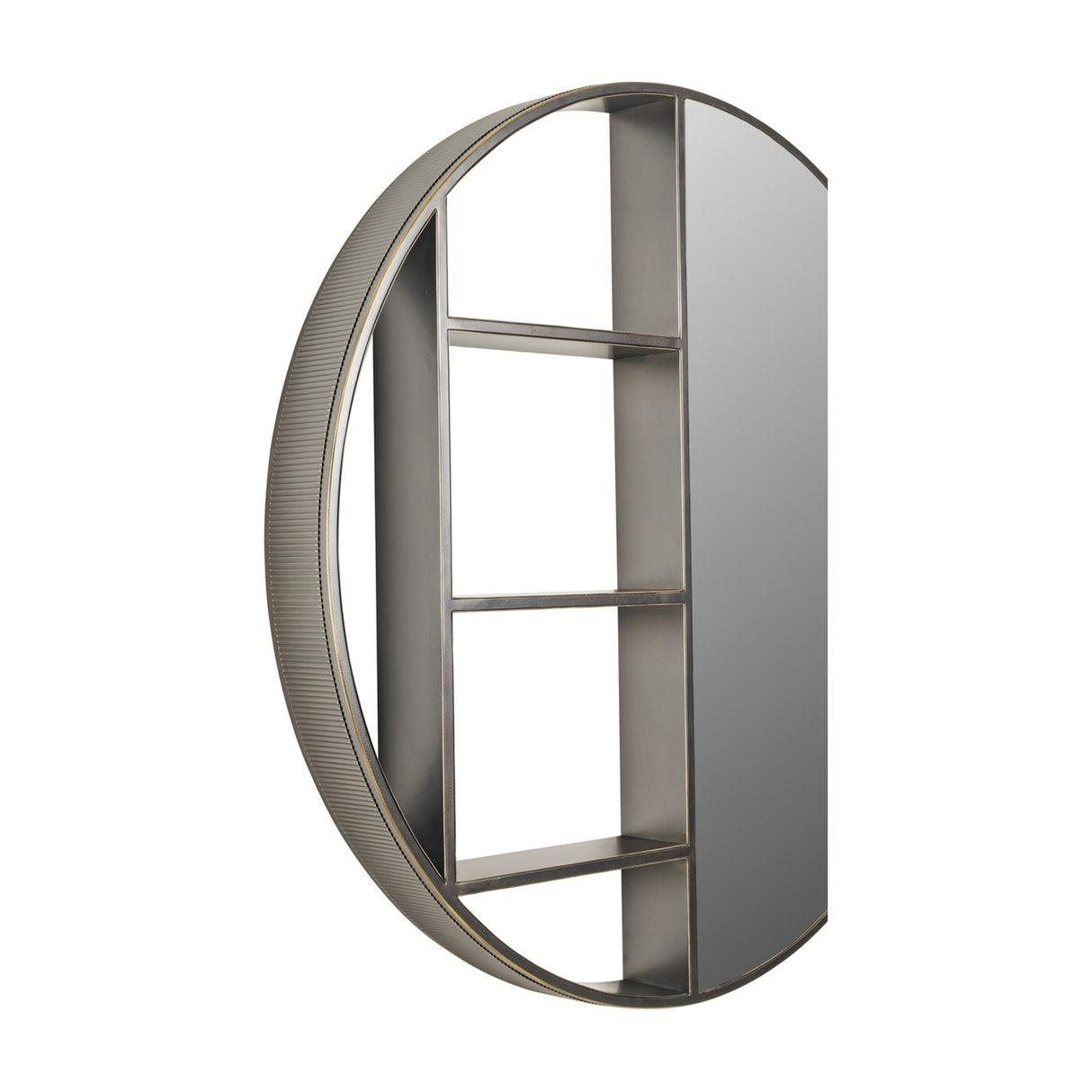 Libra Interiors Round Iron Shelved Wall Mirror in bronze, angled view showing corrugated frame, mirrored half and three open shelving compartments.
