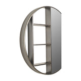 Libra Interiors Round Iron Shelved Wall Mirror in bronze, angled view showing corrugated frame, mirrored half and three open shelving compartments.