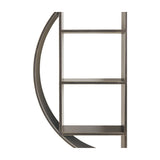 Close-up of Libra Interiors Round Iron Shelved Wall Mirror in bronze, showing the corrugated frame edge and three open rectangular shelves.