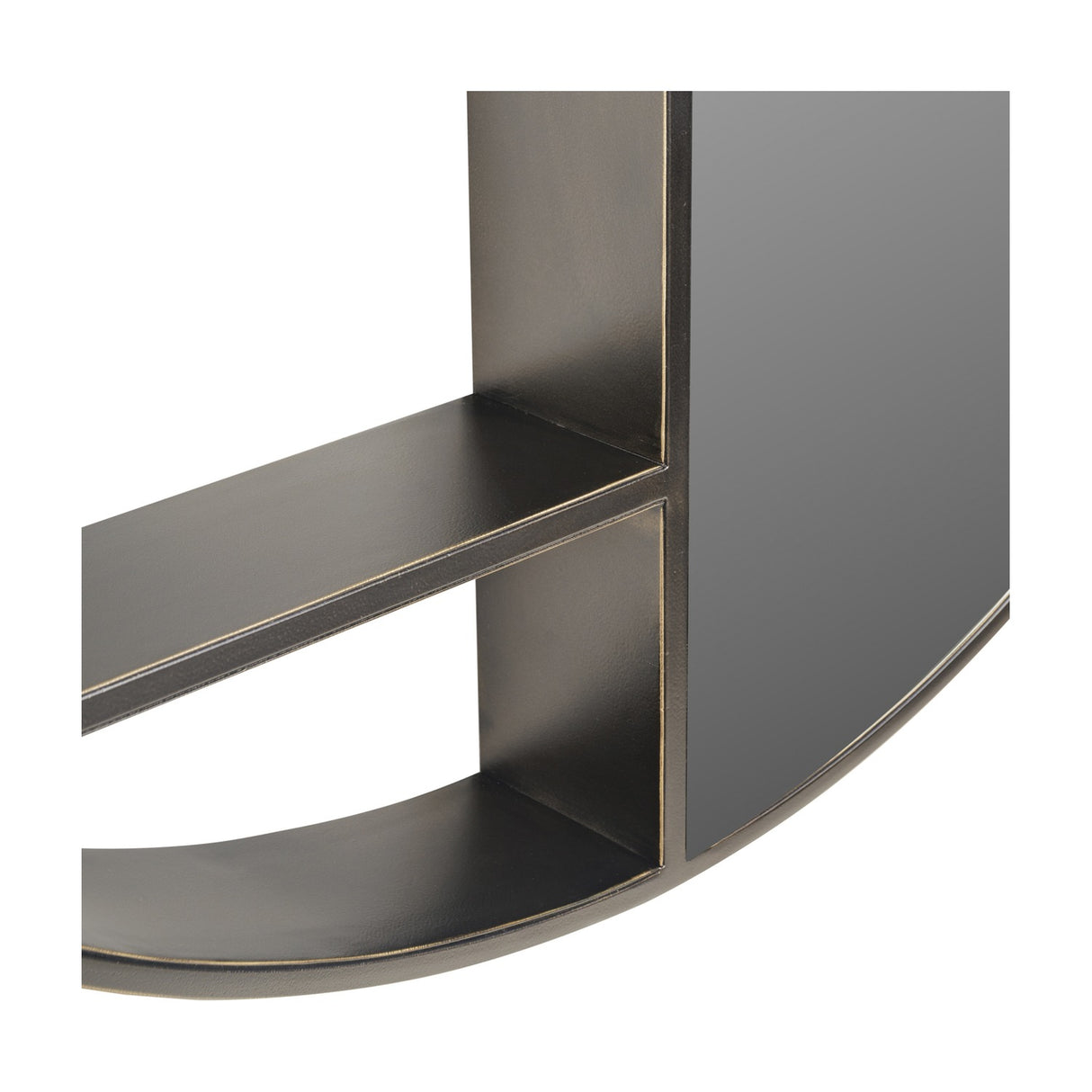 Close-up of the Libra Interiors Round Iron Shelved Wall Mirror in bronze, showing two open rectangular shelf compartments beside the mirrored glass panel.