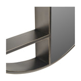 Close-up of the Libra Interiors Round Iron Shelved Wall Mirror in bronze, showing two open rectangular shelf compartments beside the mirrored glass panel.