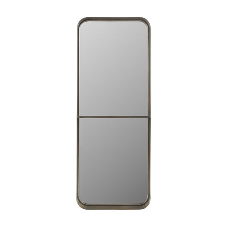 Libra Interiors Smoked Gold Iron Ledge Wall Mirror with tall rounded rectangular frame and integrated shelf, shown against a plain white background.