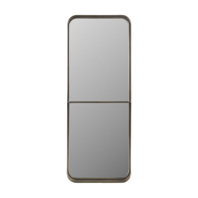 Libra Interiors Smoked Gold Iron Ledge Wall Mirror with tall rounded rectangular frame and integrated shelf, shown against a plain white background.