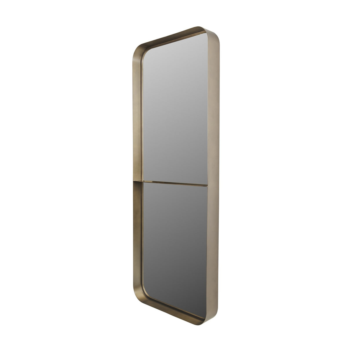 Libra Interiors Smoked Gold Iron Ledge full-length wall mirror with rounded rectangular frame and integrated ledge, shown at an angle on a white background.