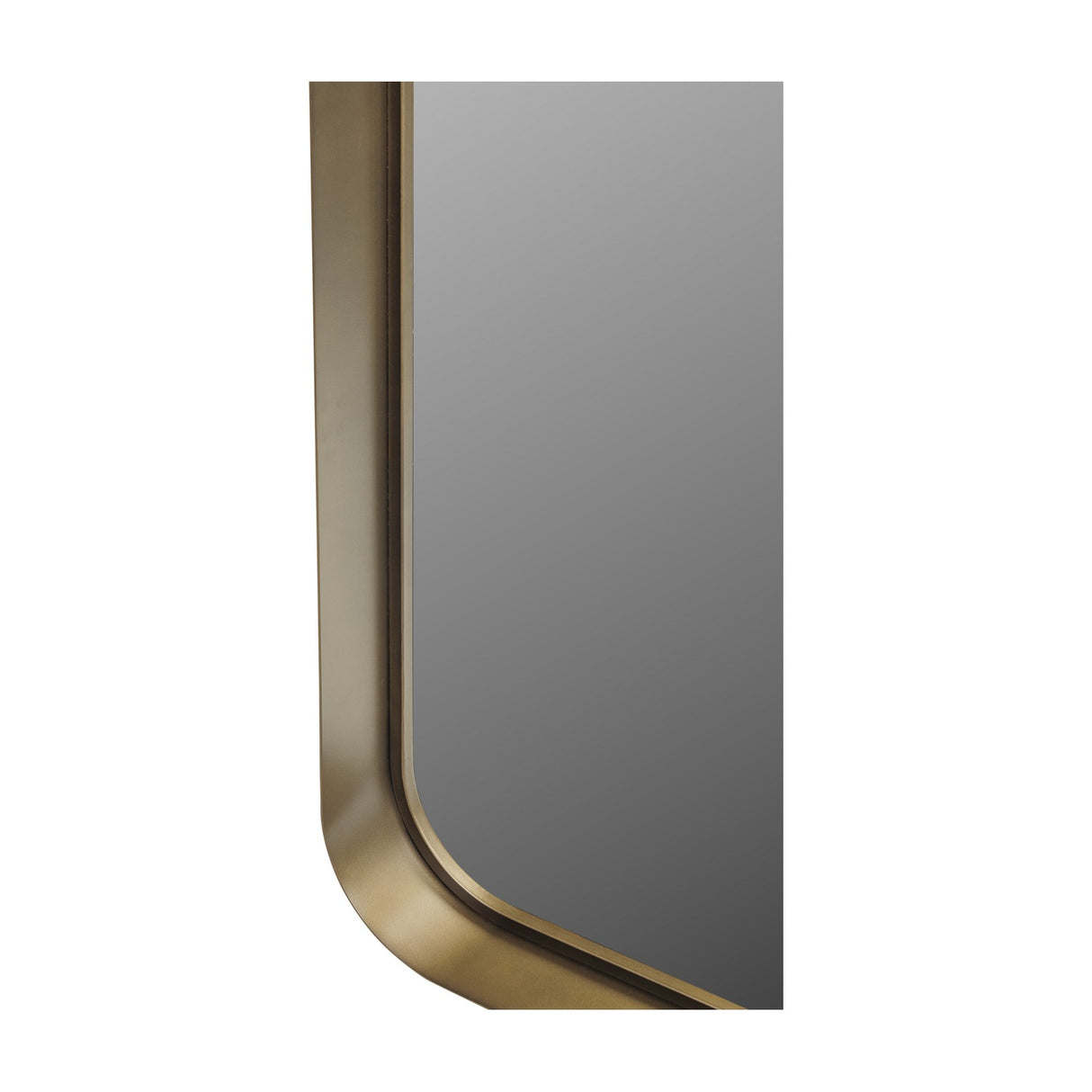 Close-up of the rounded lower corner on the Libra Interiors Smoked Gold Iron Ledge Wall Mirror, showing the smoked gold iron frame and clear glass plate.