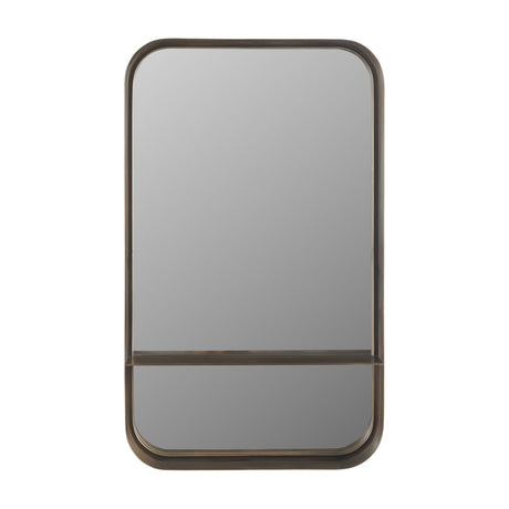 Libra Interiors Smoked Gold Iron Shelf Wall Mirror with a rounded-corner rectangular frame and integrated lower shelf, shown on a plain white background.