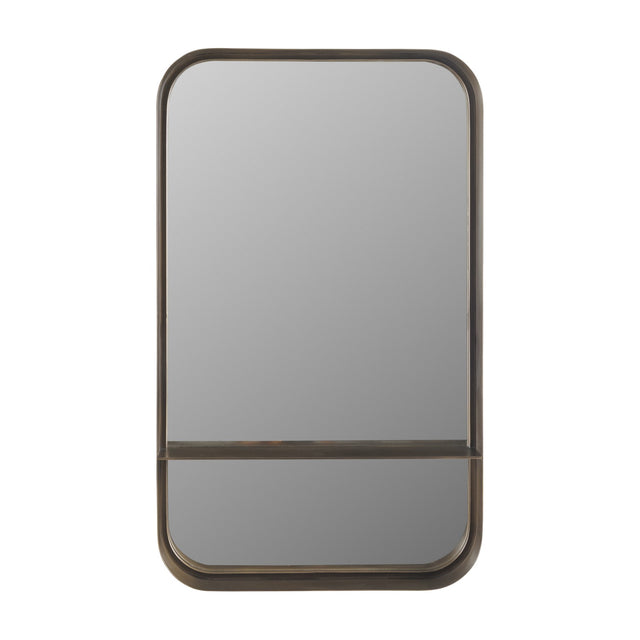Libra Interiors Smoked Gold Iron Shelf Wall Mirror with a rounded-corner rectangular frame and integrated lower shelf, shown on a plain white background.