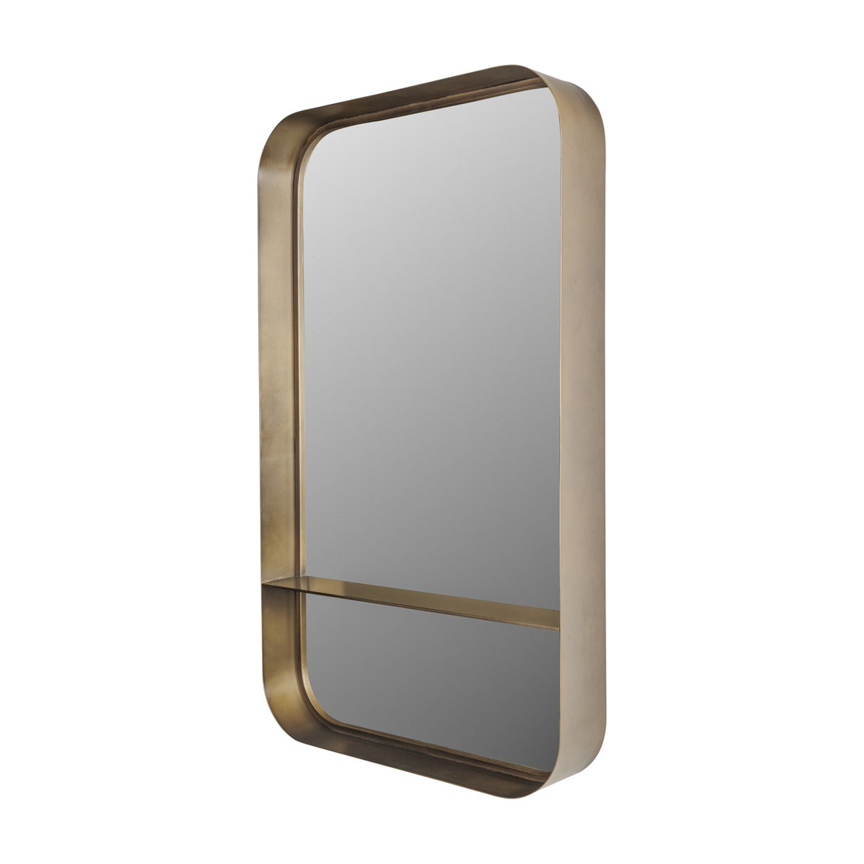 Libra Interiors Smoked Gold Iron Shelf Wall Mirror with rounded-corner rectangular frame and integrated lower shelf, shown at an angle on a white background.