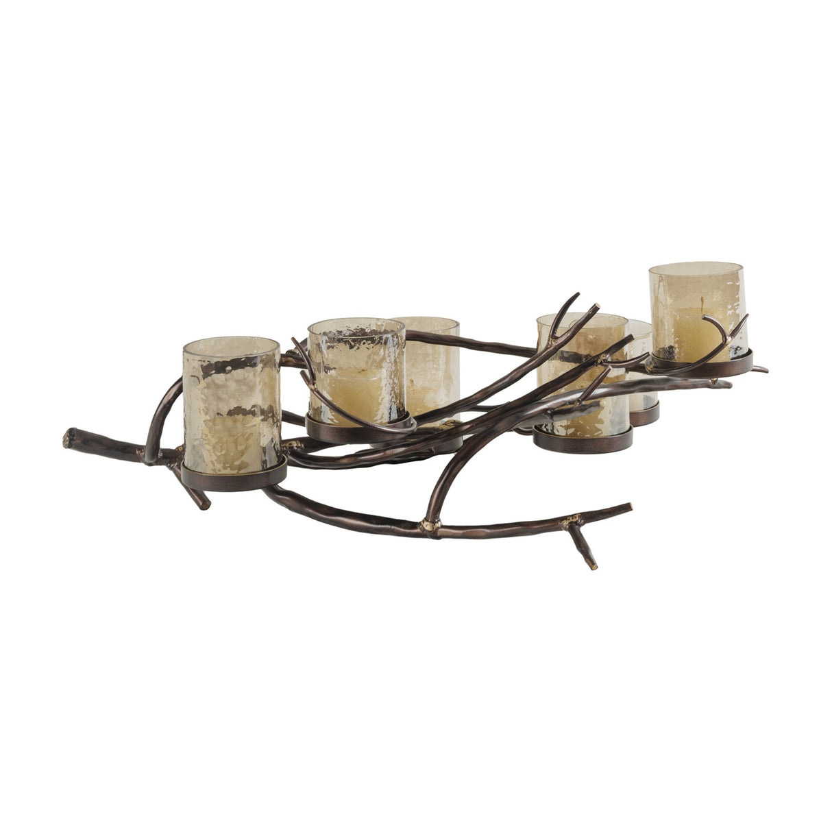 Libra Interiors Branch Design candle lantern with bronze iron branch frame holding four visible hammered smoked glass cups with candles, on a white background.