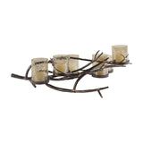 Libra Interiors Branch Design candle lantern with bronze iron branch frame holding four visible hammered smoked glass cups with candles, on a white background.