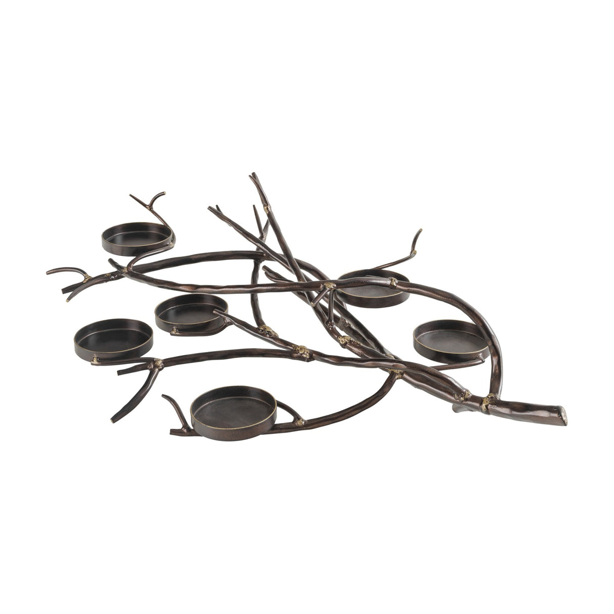Libra Interiors Branch Design six-light candle lantern with sculptural iron branch frame in vintage bronze finish, shown on a plain white background.