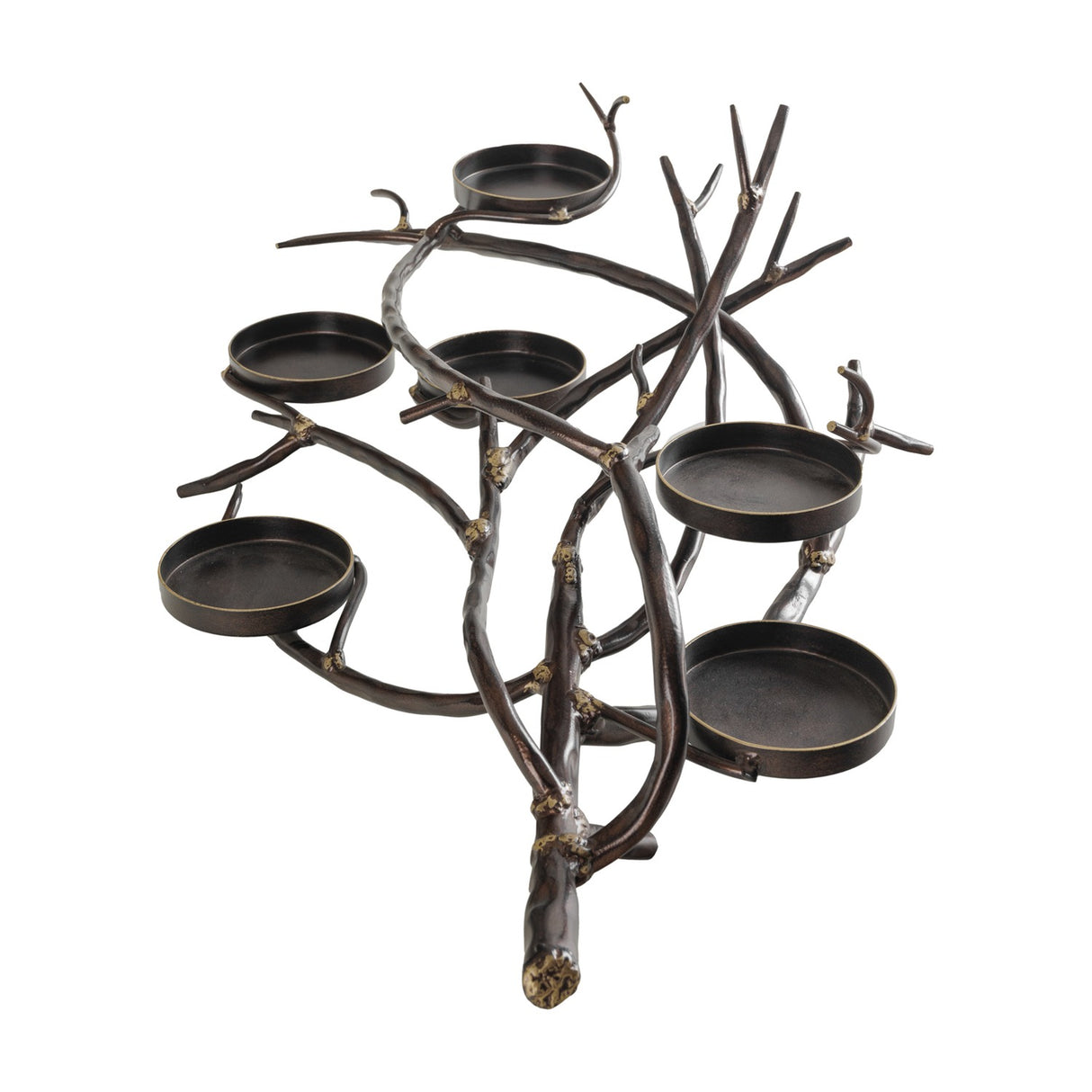 Libra Interiors Branch Design six-light candle lantern with a sculptural iron branch frame in vintage bronze, holding six round dishes for candles.