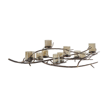 Libra Interiors 11 Light Branch Candelabra in bronze, an iron frame shaped like spreading branches holding eleven smoked hammered glass holders, on white.