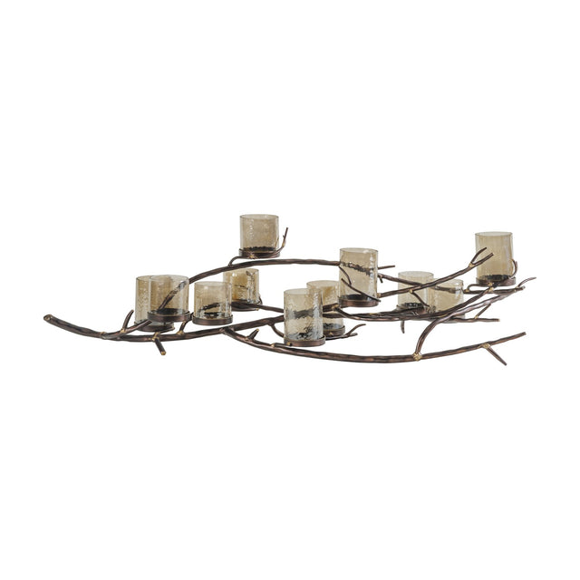 Libra Interiors 11 Light Branch Candelabra in bronze, an iron frame shaped like spreading branches holding eleven smoked hammered glass holders, on white.