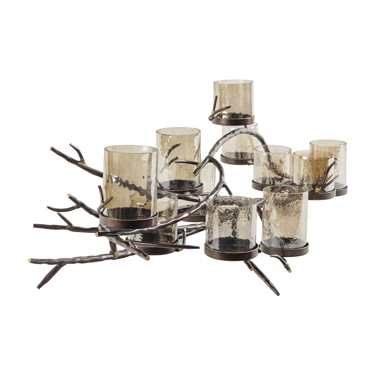 Libra Interiors 11 Light Branch Candelabra in vintage bronze iron with eleven hammered smoked glass holders along spreading twig-like arms.