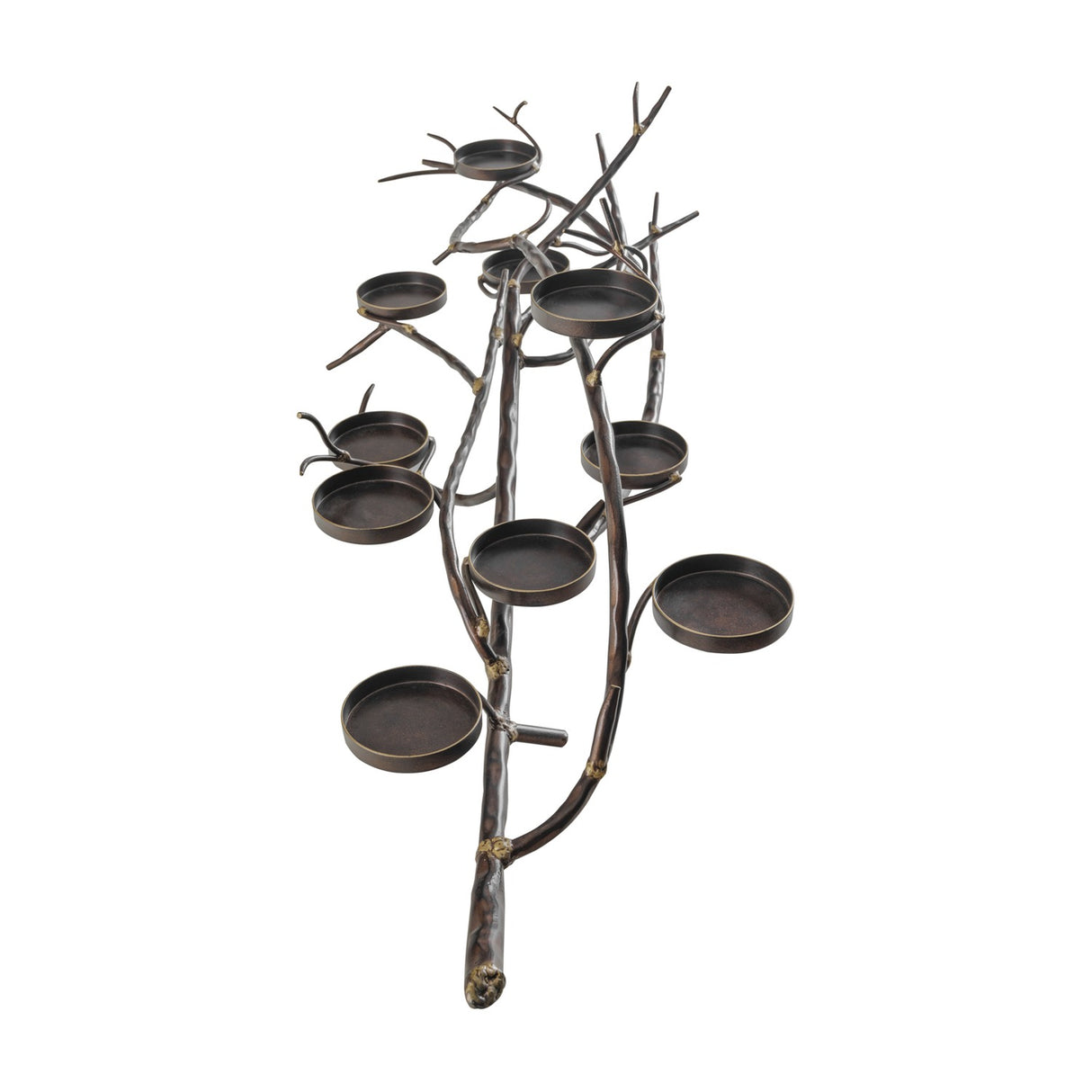 Libra Interiors 11 Light Branch Candelabra in vintage bronze, with eleven round holders spread across an iron twig-form frame on a white background.