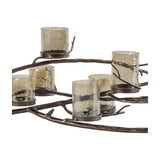Libra Interiors 11 Light Branch Candelabra in bronze, close view of hammered smoked glass holders on spreading iron branches with golden joint accents.