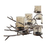Libra Interiors 11 Light Branch Candelabra in bronze with iron twig frame holding hammered smoked glass holders at varied heights on a white background.