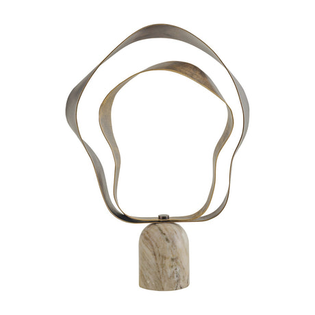 Libra Interiors Marble Base Abstract Ribbon Sculpture in beige and gold, featuring two nested gilded smoke gold iron loops on a polished marble base.