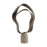 Libra Interiors Marble Base Abstract Ribbon Sculpture with nested gilded smoke gold iron loops on a veined beige Indian marble base, plain white background.