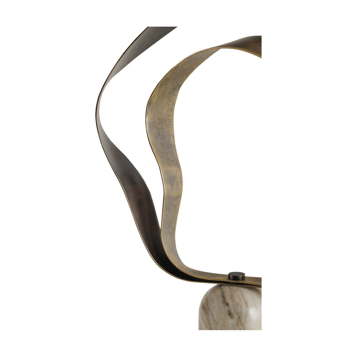 Close-up of Libra Interiors Marble Base Abstract Ribbon Sculpture showing gilded smoke gold iron curves fixed to a veined polished Indian marble base.