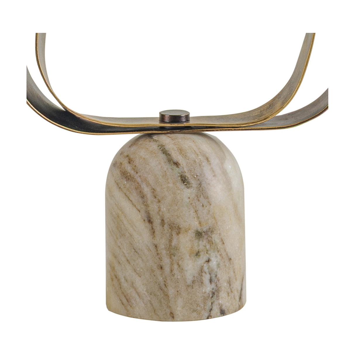 Close-up of the Libra Interiors Marble Base Abstract Ribbon Sculpture showing the veined beige marble base and gilded smoke gold iron ribbon detail.
