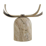 Close-up of the Libra Interiors Marble Base Abstract Ribbon Sculpture showing the veined beige marble base and gilded smoke gold iron ribbon detail.