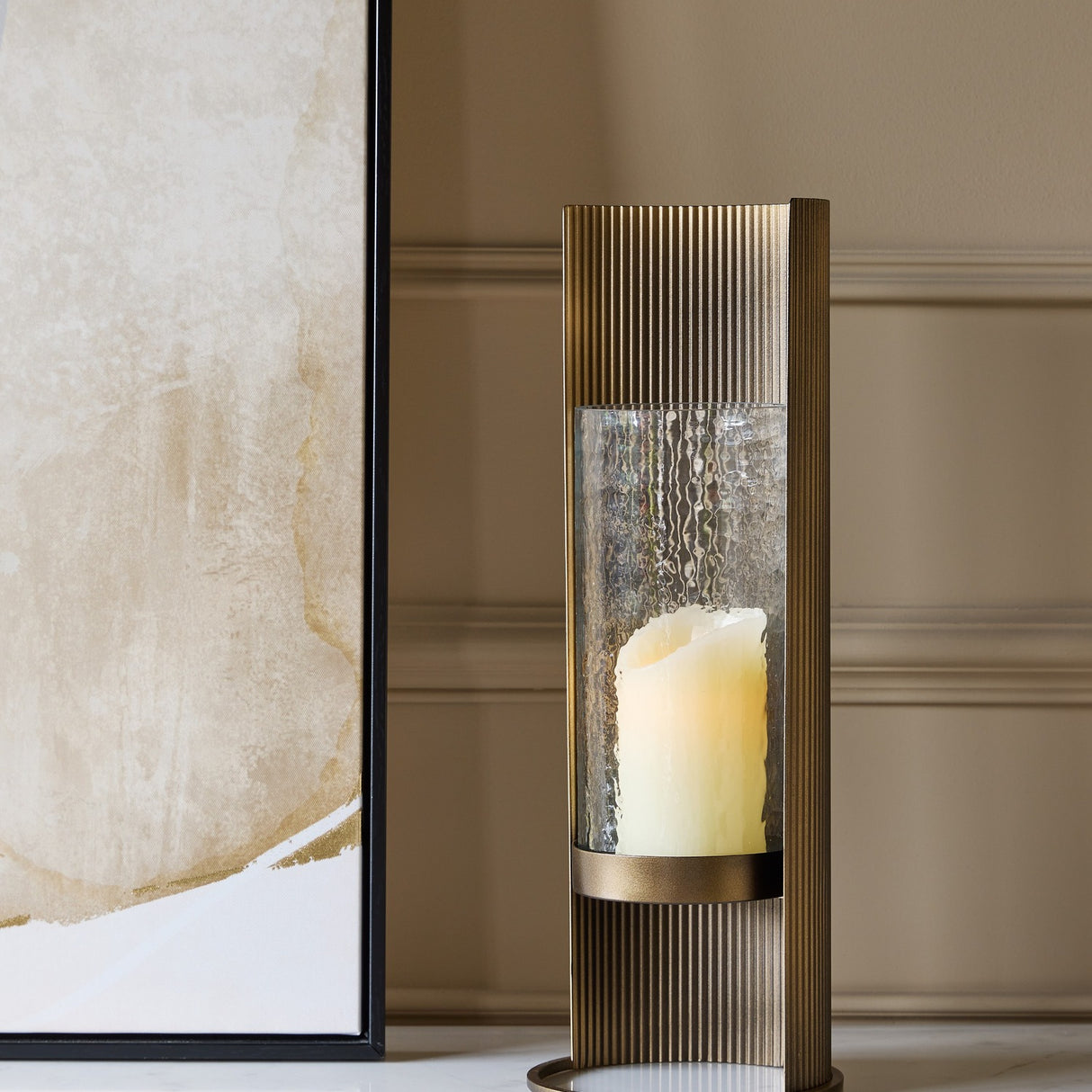 Corrugated Bronze Hammered Glass Hurricane Lantern – Gold