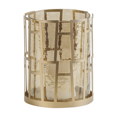 Libra Interiors Hammered Glass Geometric Gold Lantern with smoked lustre glass insert and matt gold iron grid frame, shown on a plain white background.