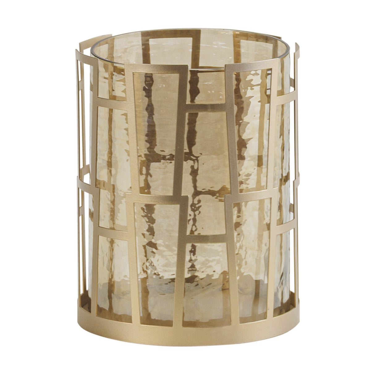 Libra Interiors Hammered Glass Geometric Gold Lantern with smoked lustre glass insert and matt gold iron grid frame, shown on a plain white background.