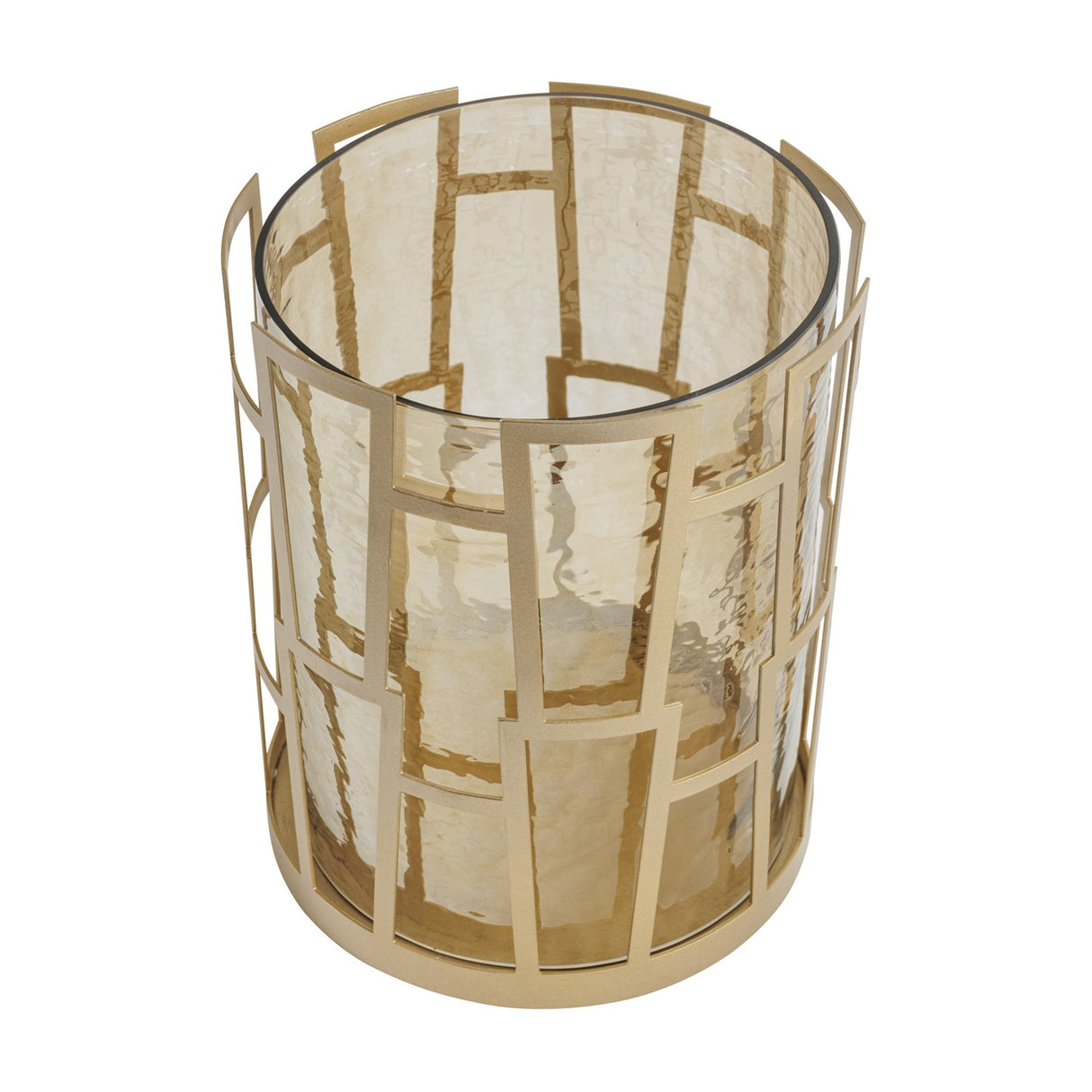 Libra Interiors Hammered Glass Geometric Gold Lantern shown from above, with smoked lustre glass insert set inside a matt gold iron grid frame.