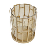 Libra Interiors Hammered Glass Geometric Gold Lantern shown from above, with smoked lustre glass insert set inside a matt gold iron grid frame.