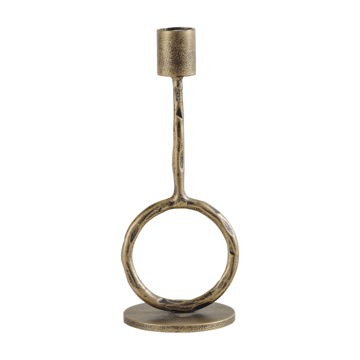 Libra Interiors Ring Iron Antique Gold Candle Holder with a sculptural open circle, slim upright and cylindrical cup on a round base, shown on white.
