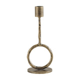 Libra Interiors Ring Iron Antique Gold Candle Holder with a sculptural open circle, slim upright and cylindrical cup on a round base, shown on white.