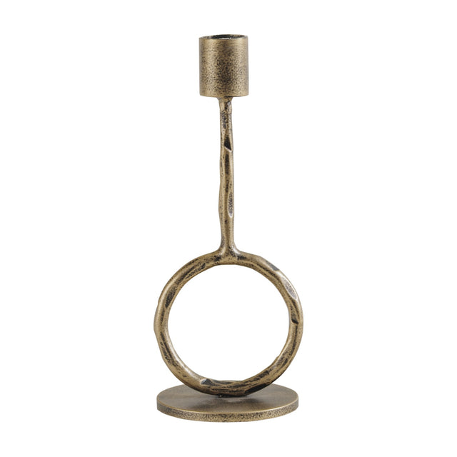 Libra Interiors Ring Iron Antique Gold Candle Holder with a sculptural open circle, slim upright and cylindrical cup on a round base, shown on white.