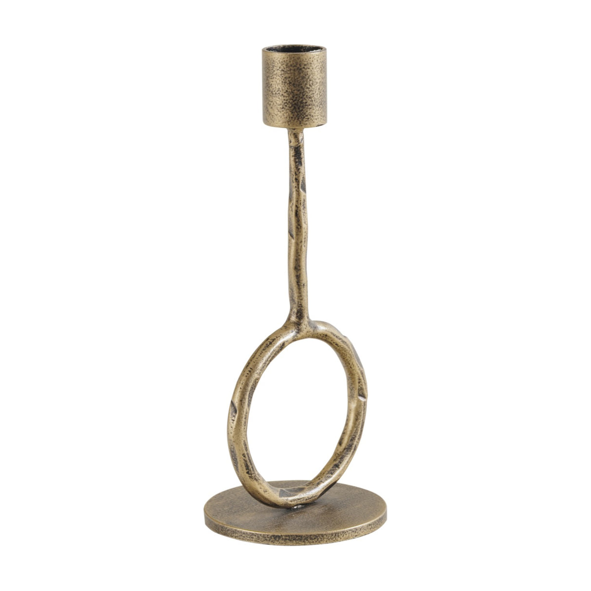 Libra Interiors Ring Iron candle holder in antique hammered gold, with a sculptural open ring supporting a slim stem and candle cup on a round base.