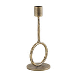 Libra Interiors Ring Iron candle holder in antique hammered gold, with a sculptural open ring supporting a slim stem and candle cup on a round base.