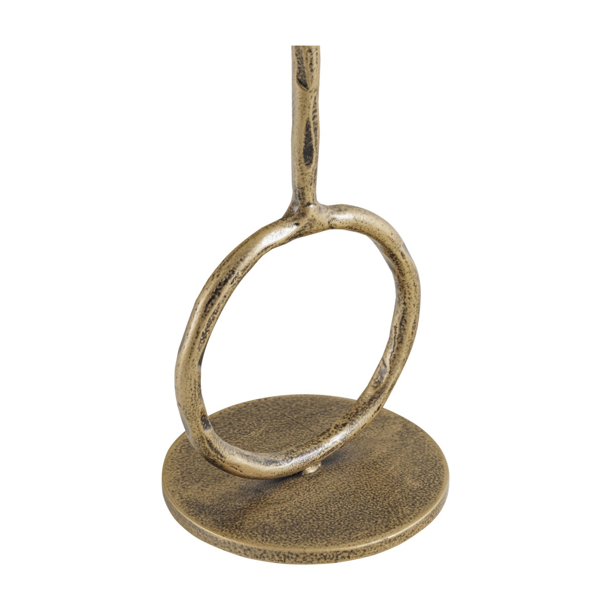 Libra Interiors Ring Iron candle holder in antique hammered gold, showing the sculptural ring base and slim upright on a round flat foot.