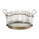 Libra Interiors Hammered Glass 6 Shot Glass Set with six clear textured glasses in a smoke gold iron frame, round tray and looped handles.