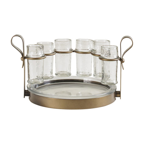 Libra Interiors Hammered Glass 6 Shot Glass Set with six clear textured glasses in a smoke gold iron frame, round tray and looped handles.