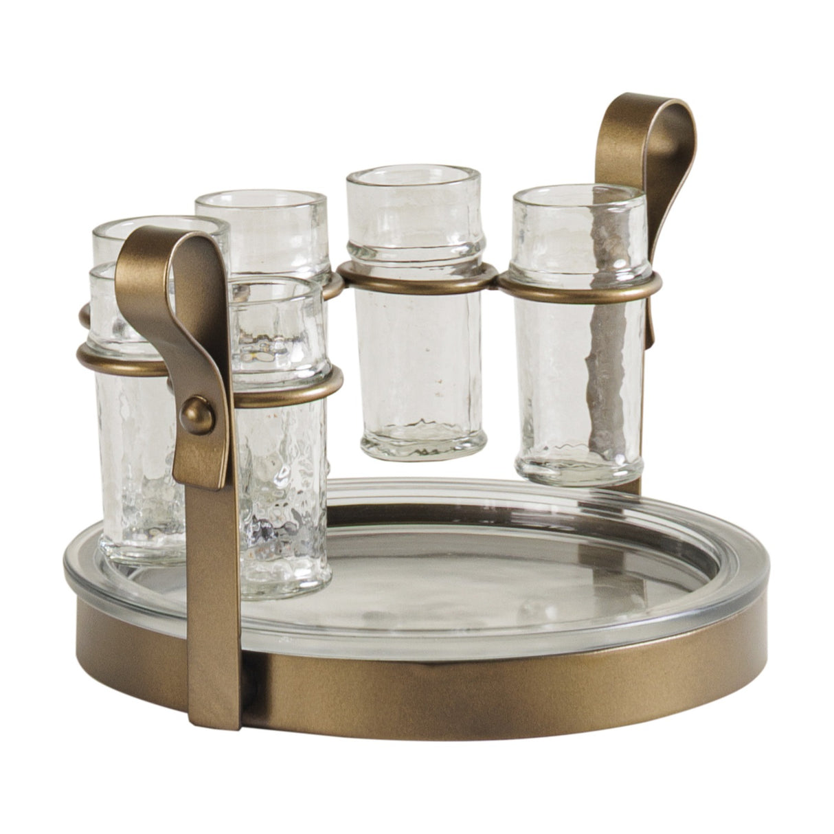 Libra Interiors Hammered Glass 6 Shot Glass Set with six clear textured shot glasses in smoke gold iron holsters above a round glass tray.