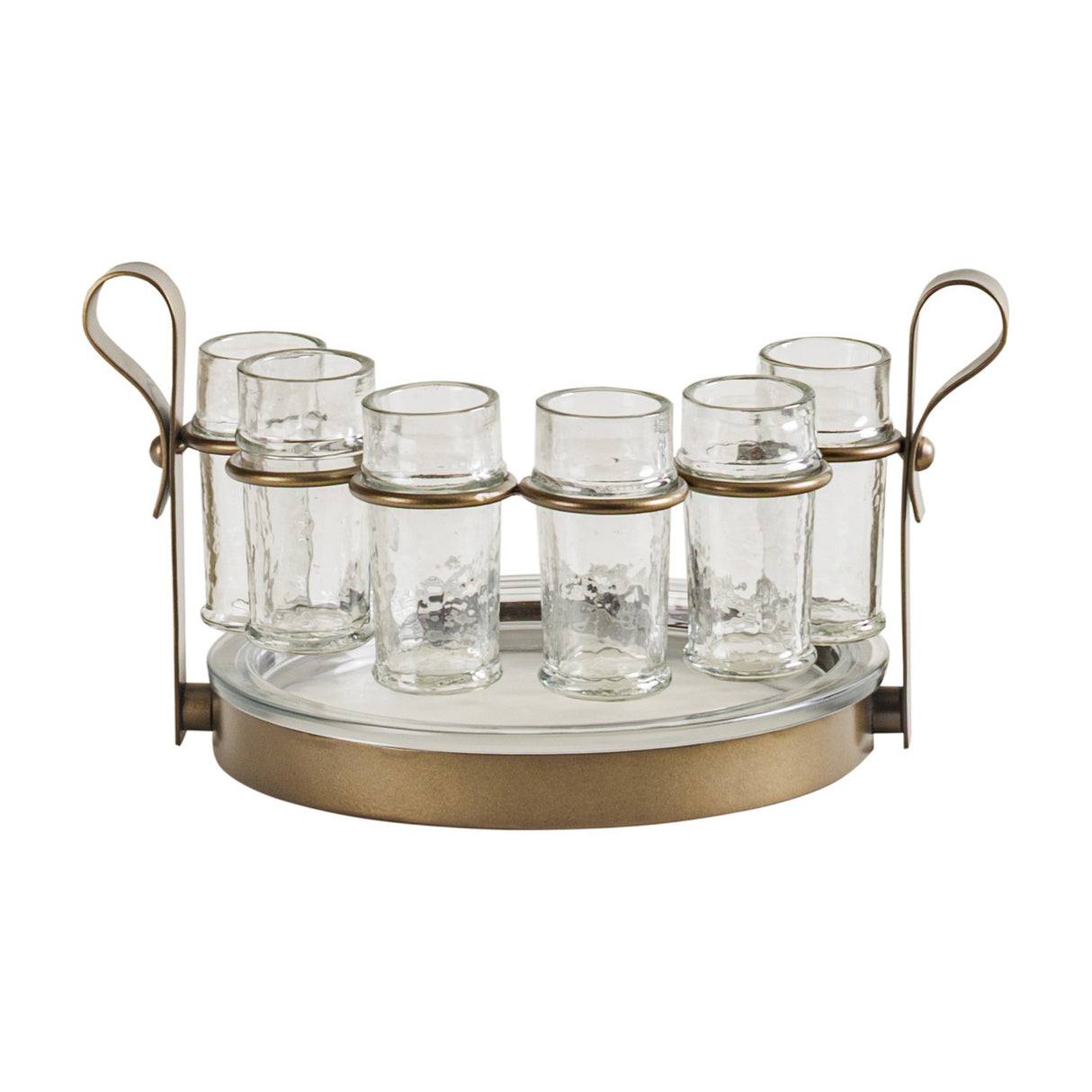 Libra Interiors Hammered Glass 6 Shot Glass Set with six clear textured shot glasses in a round smoke gold iron frame with looped handles.