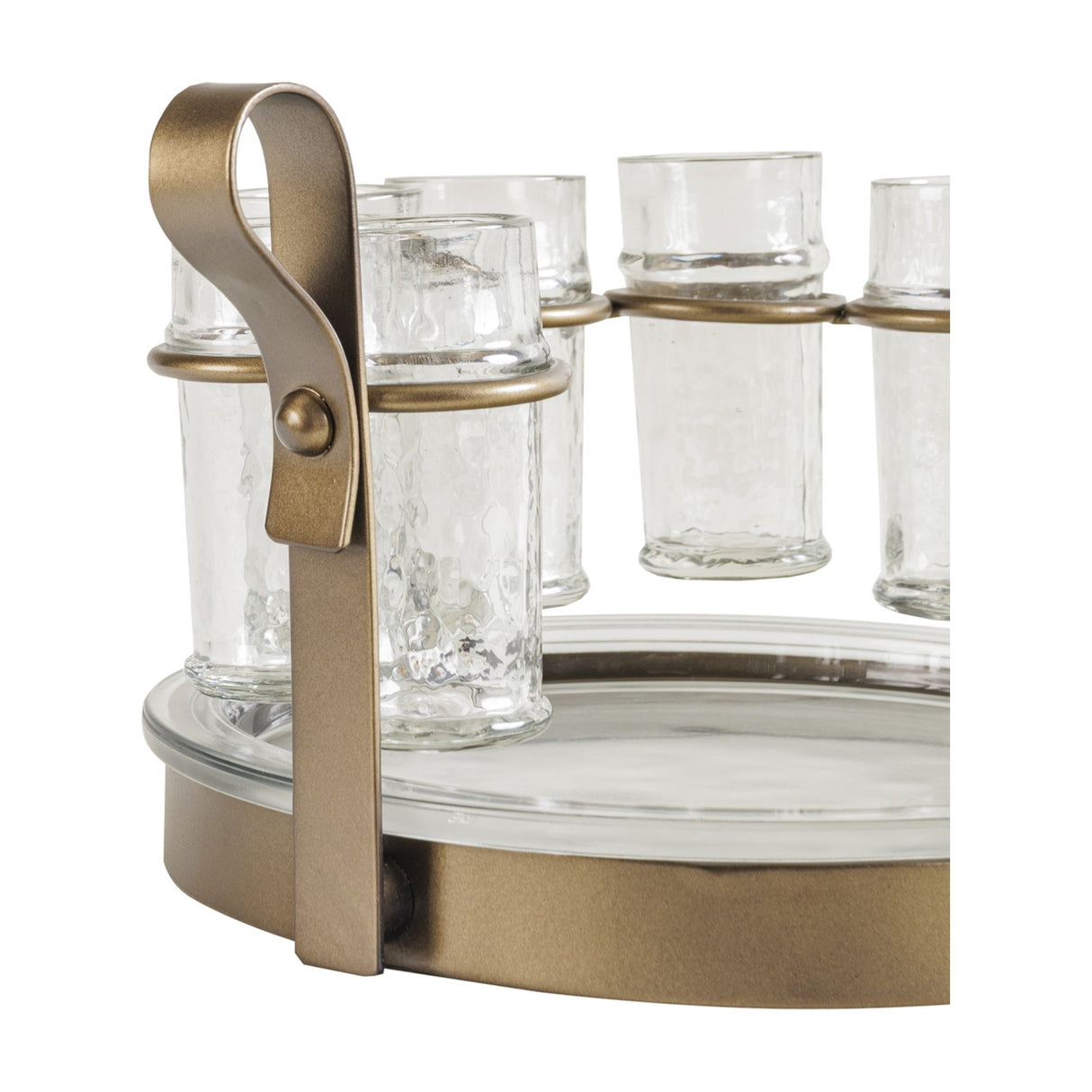 Libra Interiors Hammered Glass 6 Shot Glass Set close-up showing smoke gold iron holsters, looped handle, and clear textured shot glasses above a round tray.